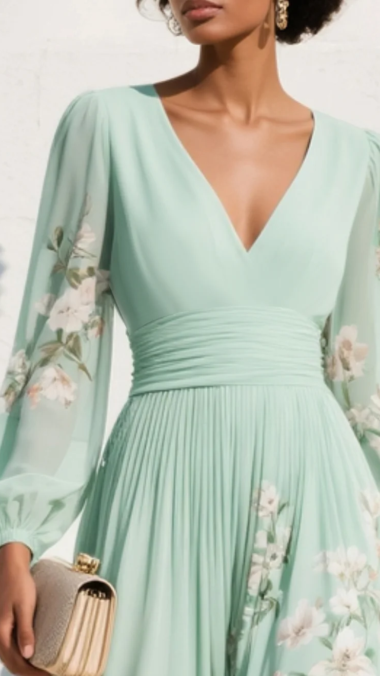 Women's Chiffon Midi Dress | Floral V Neck Long Sleeve Dress