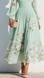 Women's Chiffon Midi Dress | Floral V Neck Long Sleeve Dress