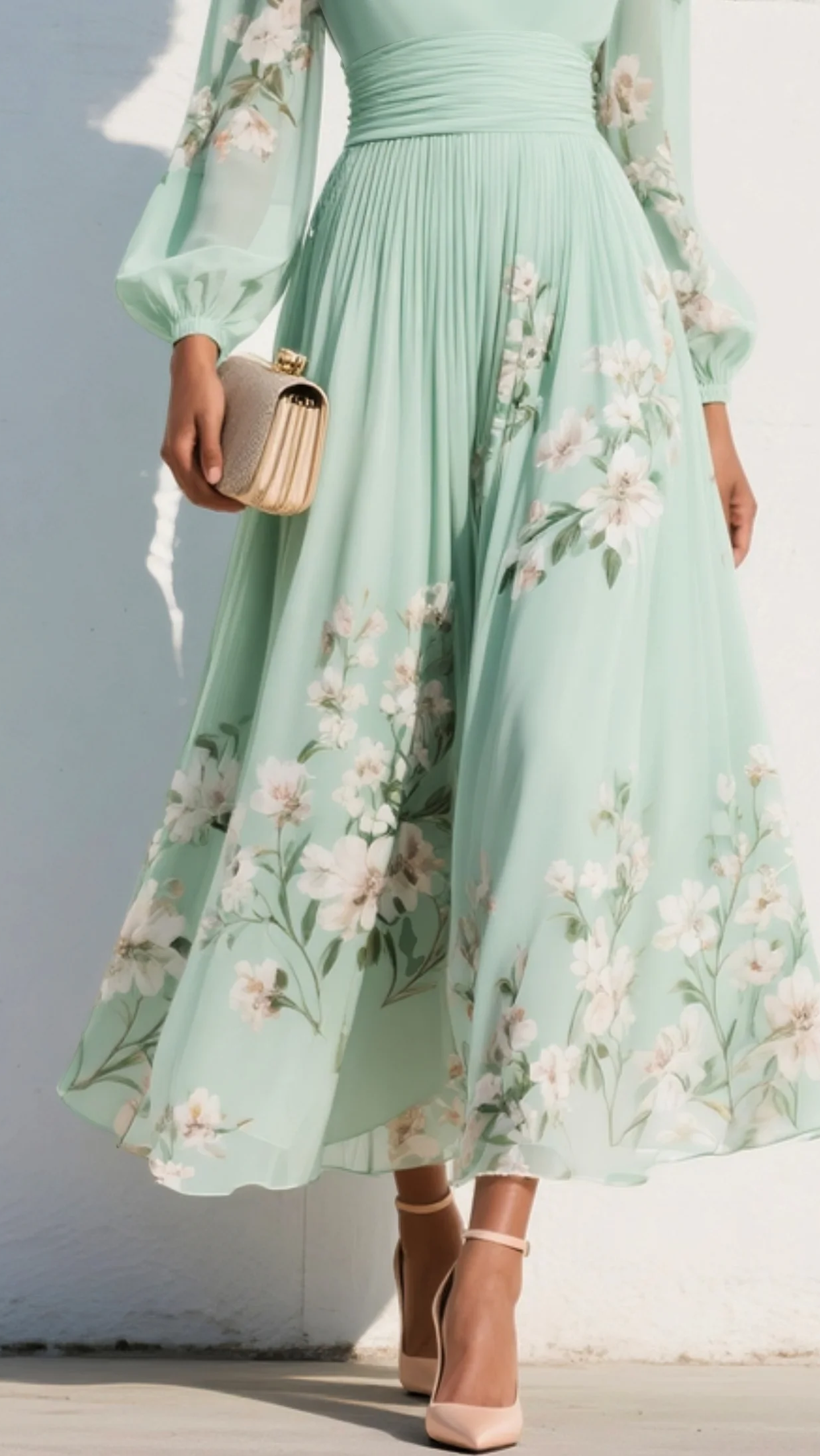 Women's Chiffon Midi Dress | Floral V Neck Long Sleeve Dress