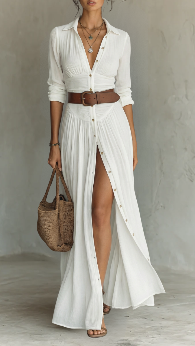 Women's Collared Maxi Dress | Long Sleeve Pleated Button Down Dress