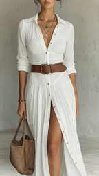 Women's Collared Maxi Dress | Long Sleeve Pleated Button Down Dress