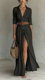 Women's Collared Maxi Dress | Long Sleeve Pleated Button Down Dress