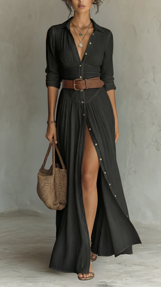 Women's Collared Maxi Dress | Long Sleeve Pleated Button Down Dress