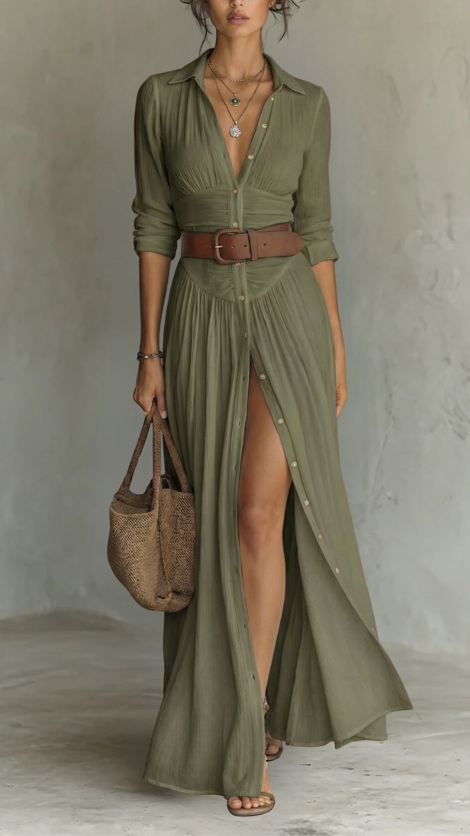 Women's Collared Maxi Dress | Long Sleeve Pleated Button Down Dress