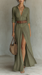 Women's Collared Maxi Dress | Long Sleeve Pleated Button Down Dress