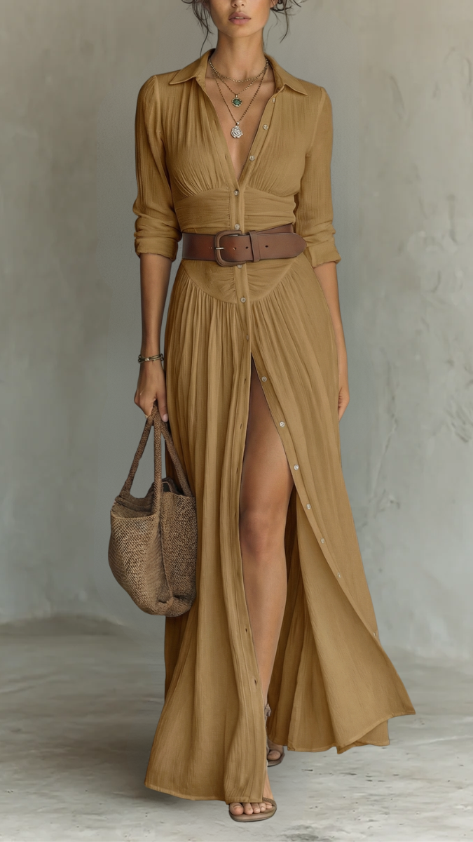 Women's Collared Maxi Dress | Long Sleeve Pleated Button Down Dress