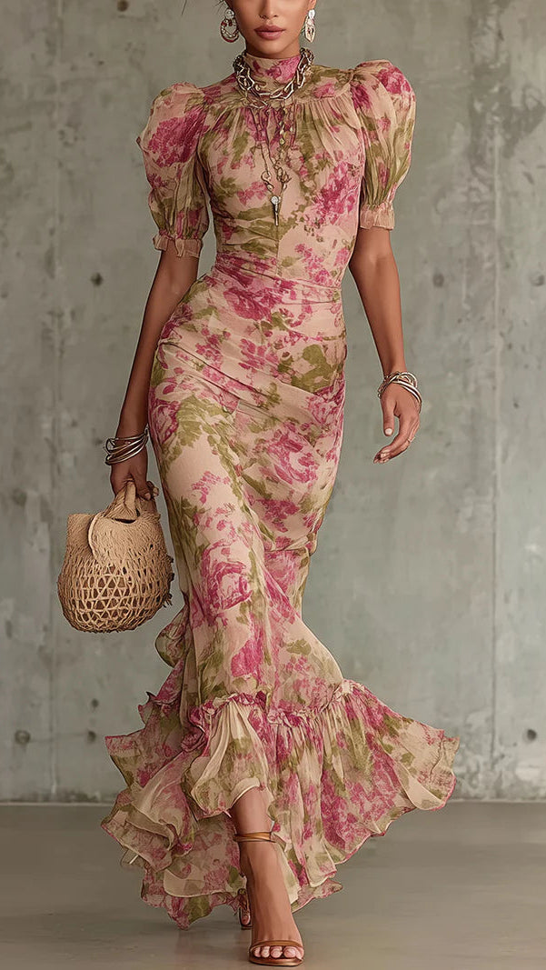 Women's Floral Maxi Dress | Puff Sleeve Ruffle Chiffon Dress