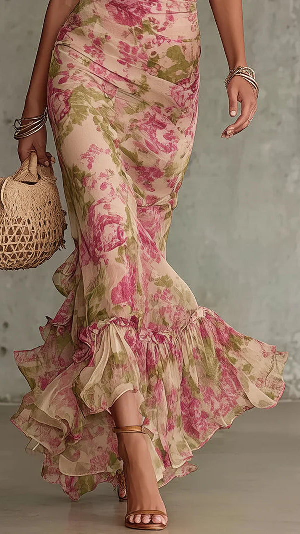 Women's Floral Maxi Dress | Puff Sleeve Ruffle Chiffon Dress