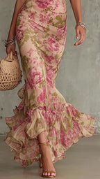 Women's Floral Maxi Dress | Puff Sleeve Ruffle Chiffon Dress
