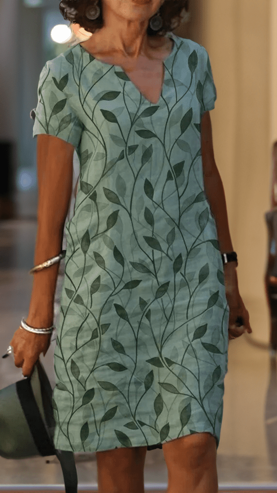 Women's Knit Midi Dress | V Neck Short Sleeve Printed Dress