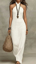 Women's Linen Maxi Dress | Halter Neck Backless Boho Summer Dress