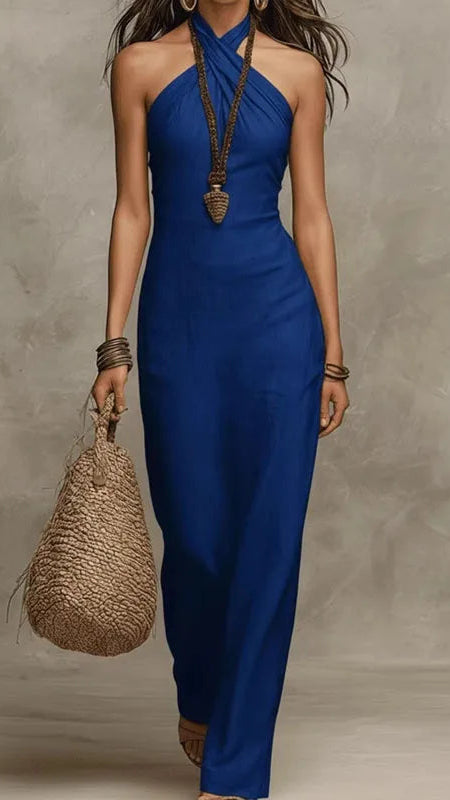 Women's Linen Maxi Dress | Halter Neck Backless Boho Summer Dress