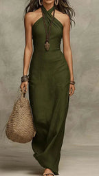 Women's Linen Maxi Dress | Halter Neck Backless Boho Summer Dress
