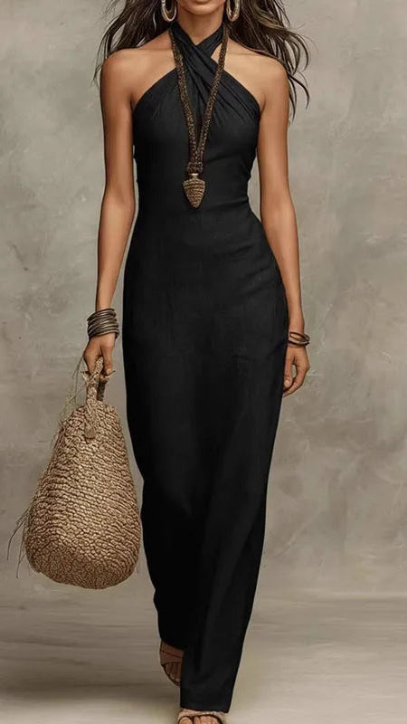 Women's Linen Maxi Dress | Halter Neck Backless Boho Summer Dress