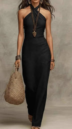 Women's Linen Maxi Dress | Halter Neck Backless Boho Summer Dress