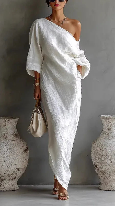 Women's Linen Maxi Dress | One Shoulder Batwing Sleeve Dress