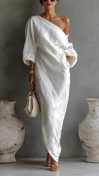 Women's Linen Maxi Dress | One Shoulder Batwing Sleeve Dress