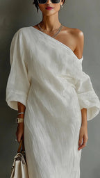 Women's Linen Maxi Dress | One Shoulder Batwing Sleeve Dress