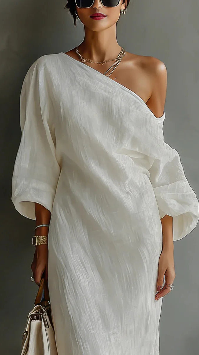 Women's Linen Maxi Dress | One Shoulder Batwing Sleeve Dress