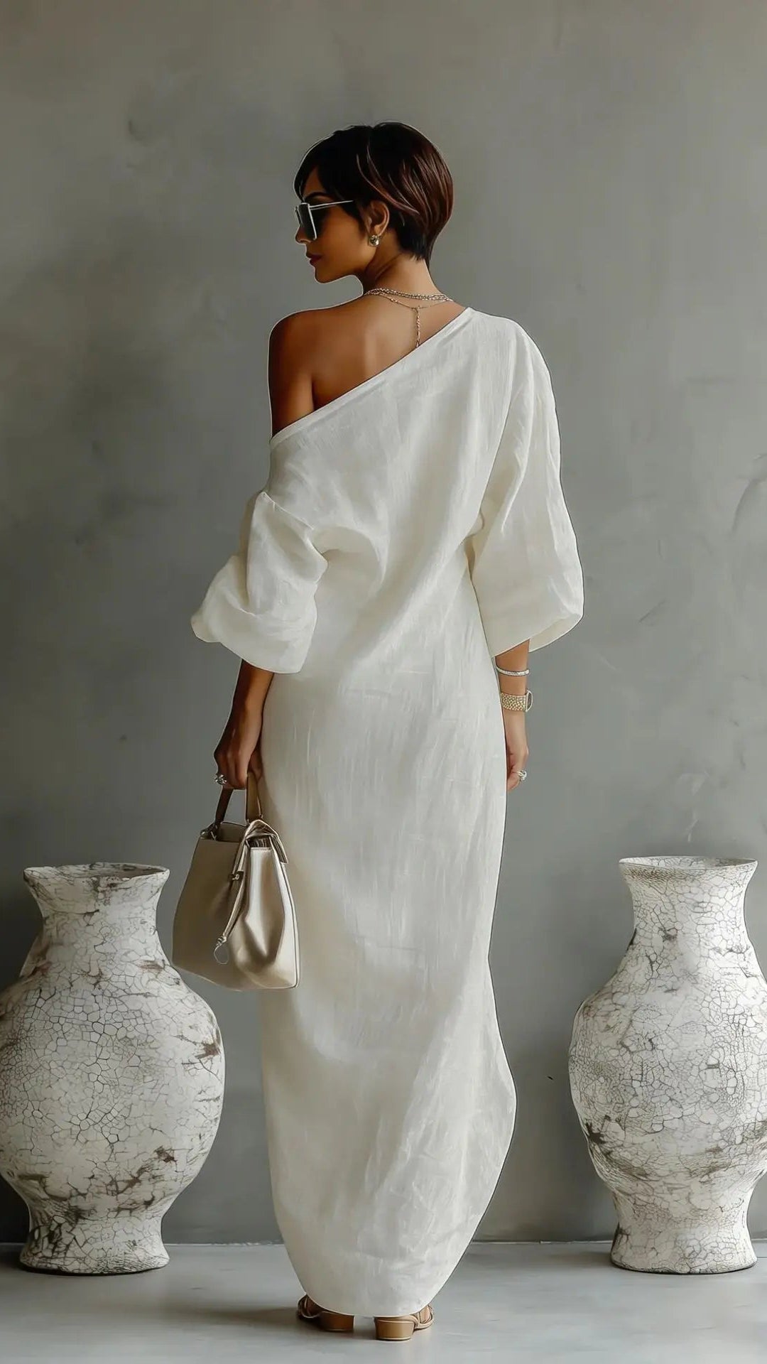 Women's Linen Maxi Dress | One Shoulder Batwing Sleeve Dress