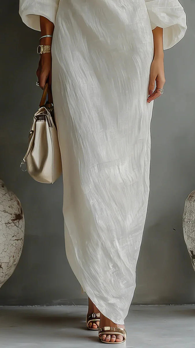 Women's Linen Maxi Dress | One Shoulder Batwing Sleeve Dress