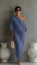 Women's Linen Maxi Dress | One Shoulder Batwing Sleeve Dress