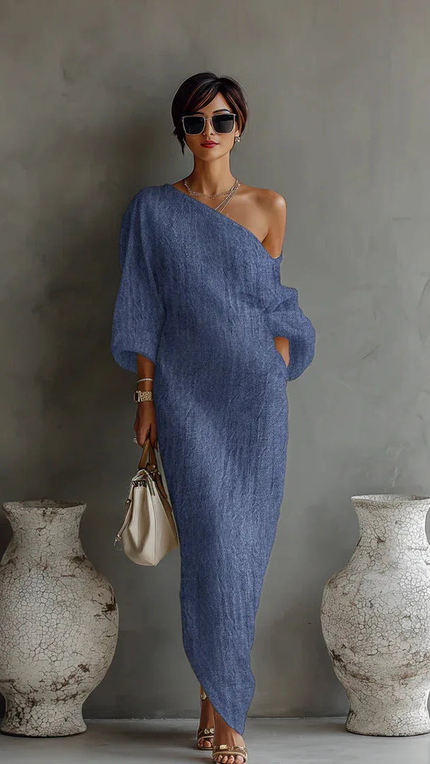 Women's Linen Maxi Dress | One Shoulder Batwing Sleeve Dress