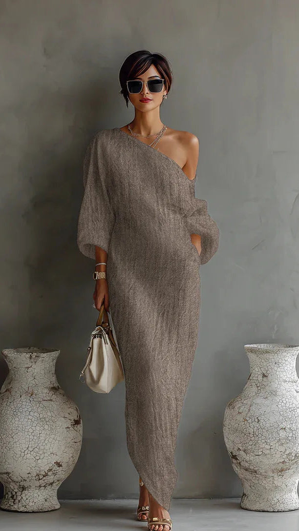 Women's Linen Maxi Dress | One Shoulder Batwing Sleeve Dress