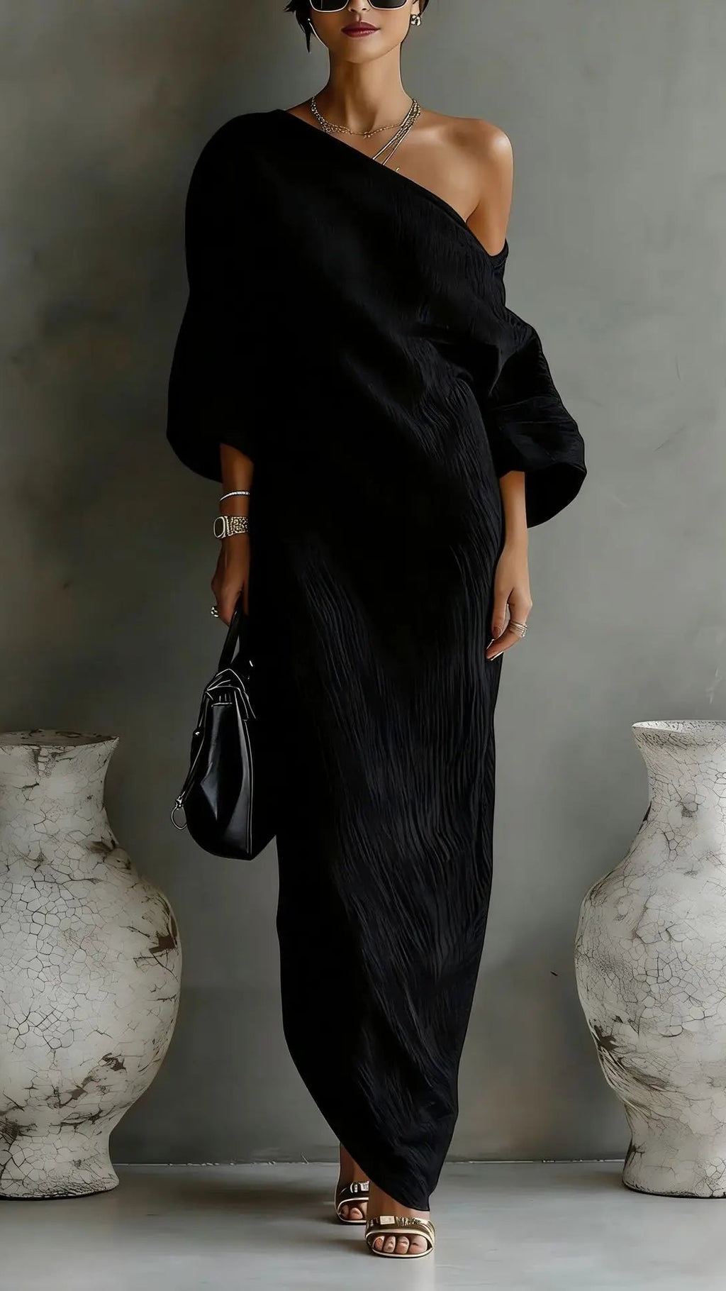 Women's Linen Maxi Dress | One Shoulder Batwing Sleeve Dress