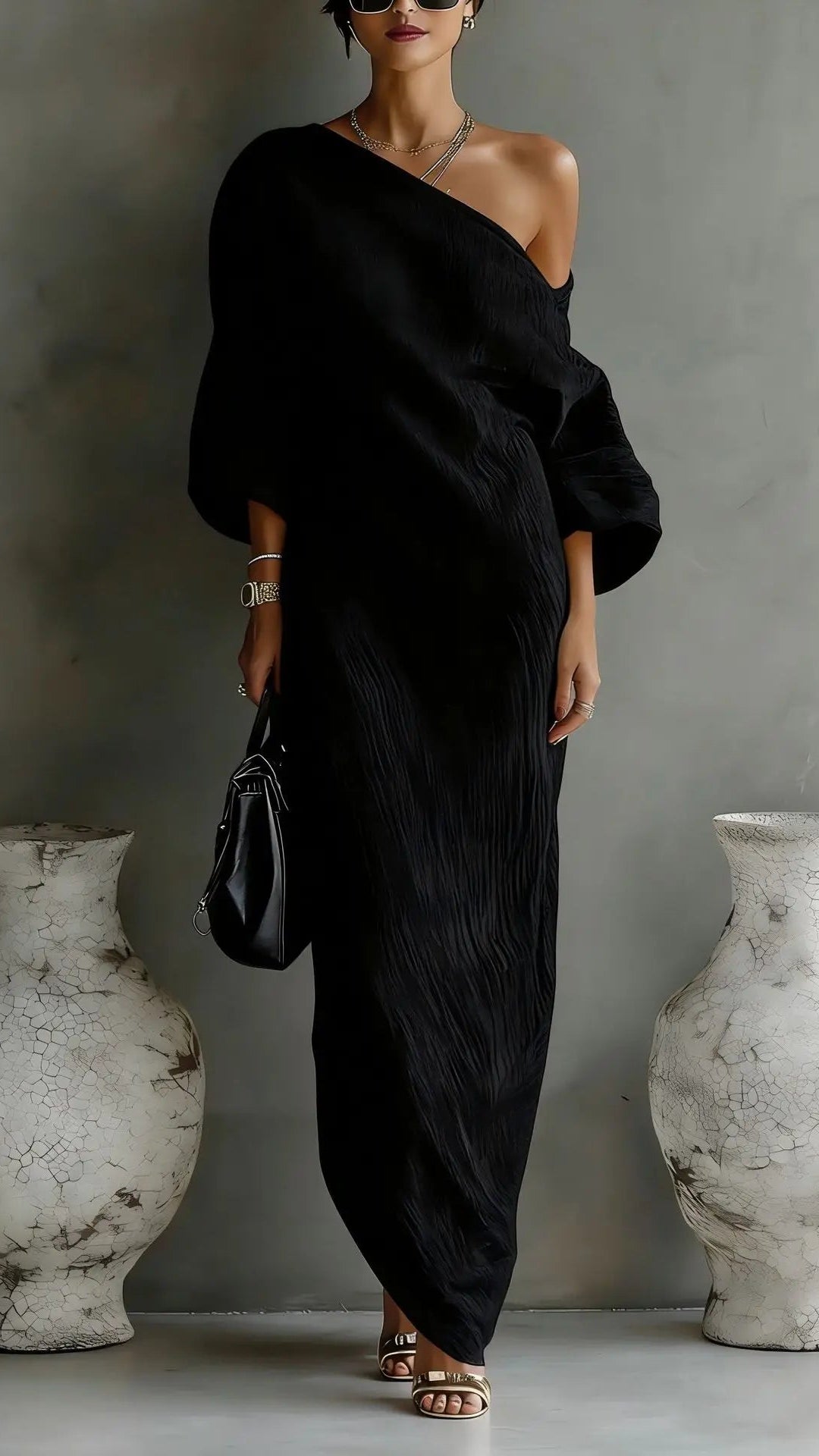 Women's Linen Maxi Dress | One Shoulder Batwing Sleeve Dress