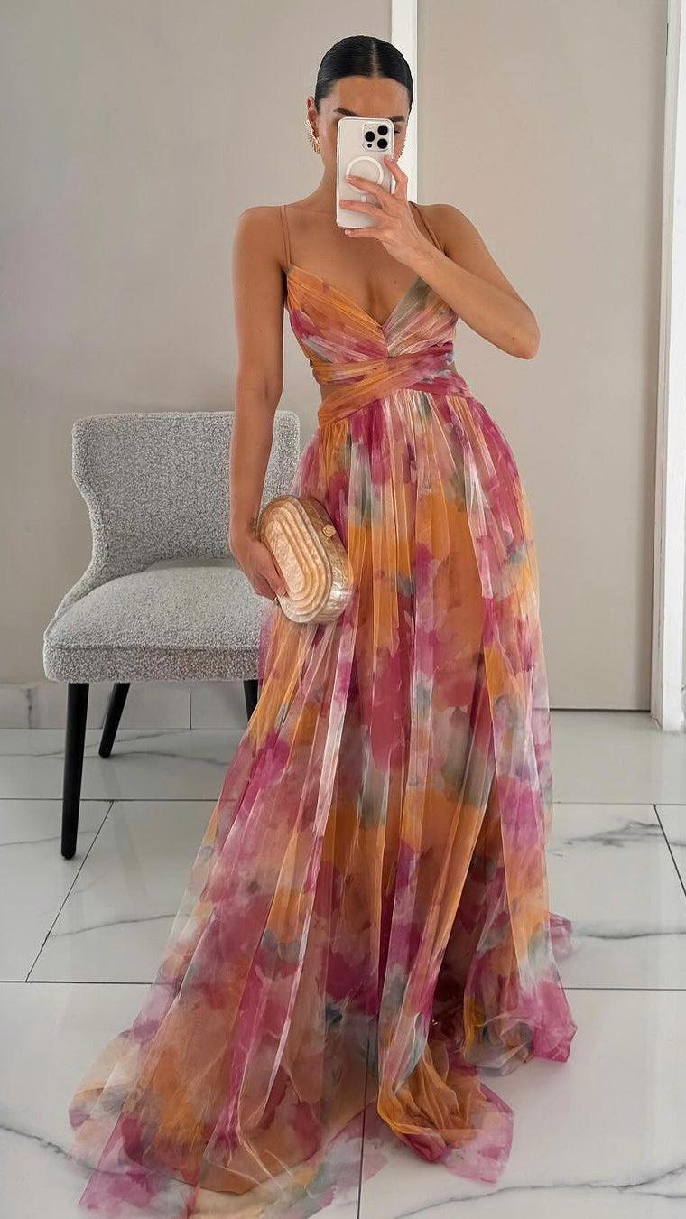Women's Maxi Dress | V Neck Spaghetti Strap Flowy Summer Dress