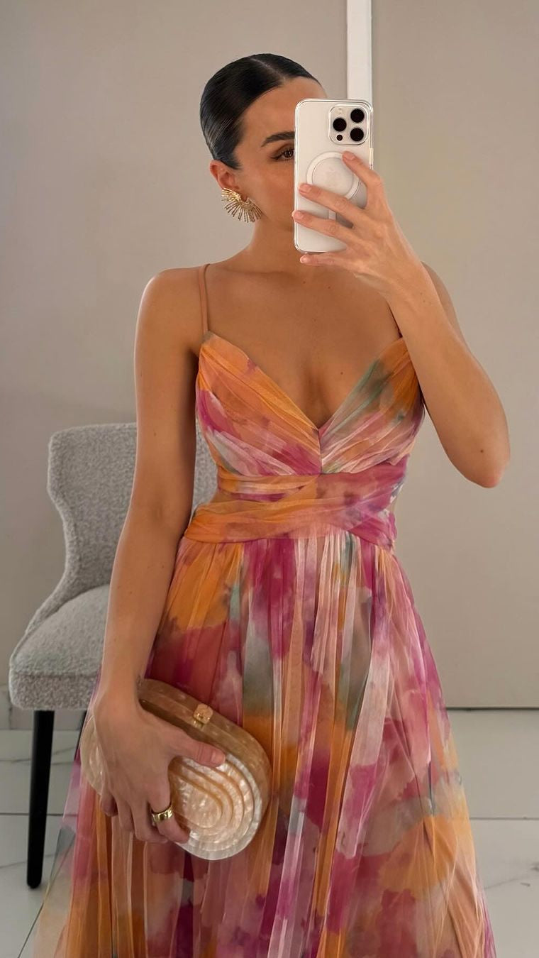 Women's Maxi Dress | V Neck Spaghetti Strap Flowy Summer Dress