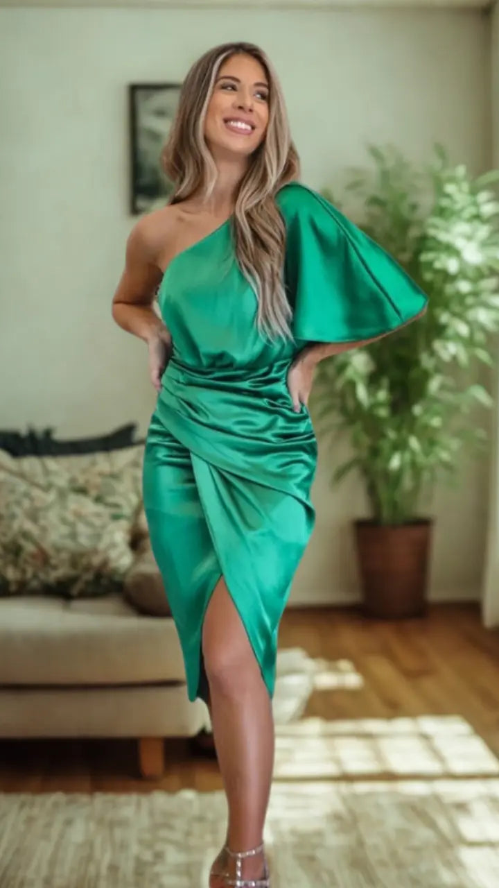 Women's One Shoulder Midi Dress | Draped Asymmetric Cocktail Party Dress