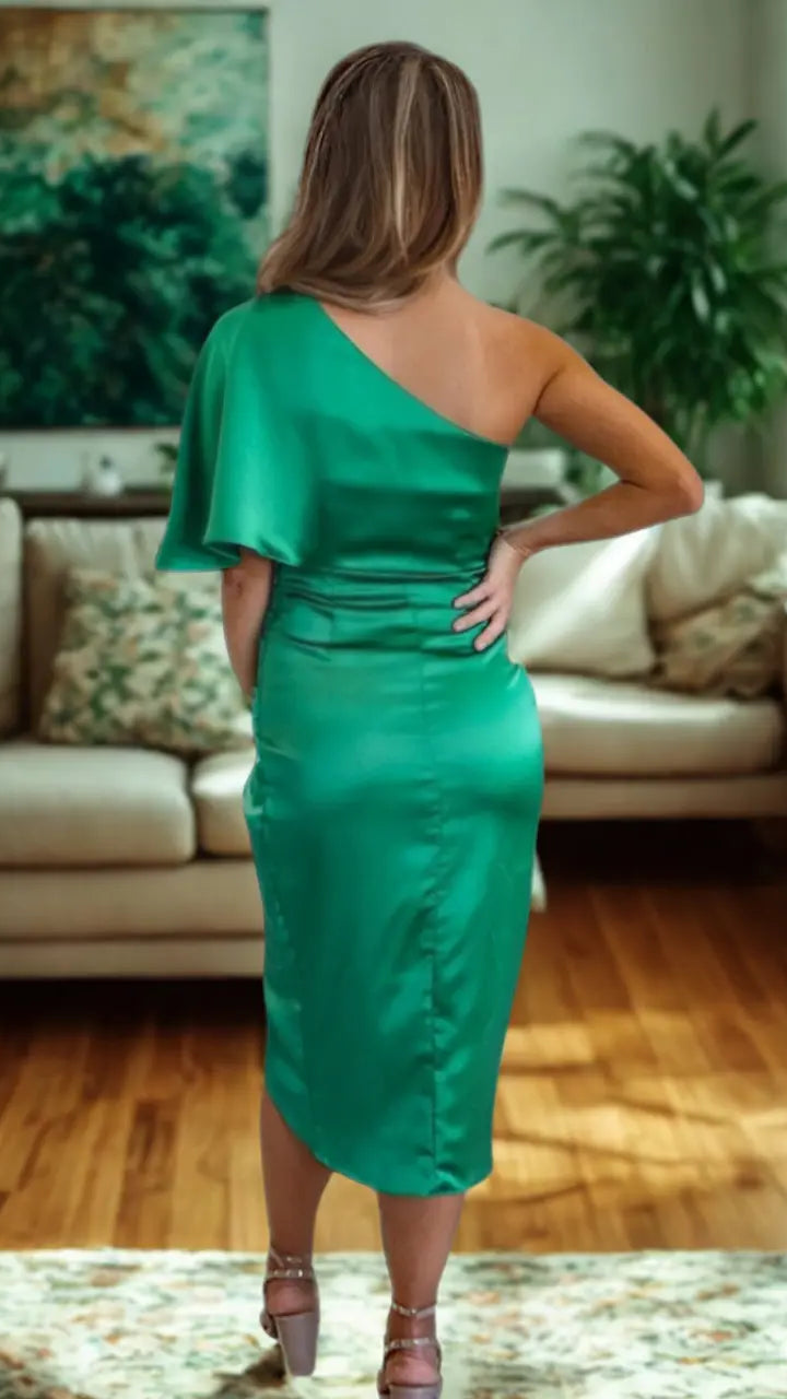 Women's One Shoulder Midi Dress | Draped Asymmetric Cocktail Party Dress