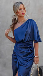 Women's One Shoulder Midi Dress | Draped Asymmetric Cocktail Party Dress