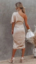 Women's One Shoulder Midi Dress | Draped Asymmetric Cocktail Party Dress