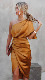 Women's One Shoulder Midi Dress | Draped Asymmetric Cocktail Party Dress