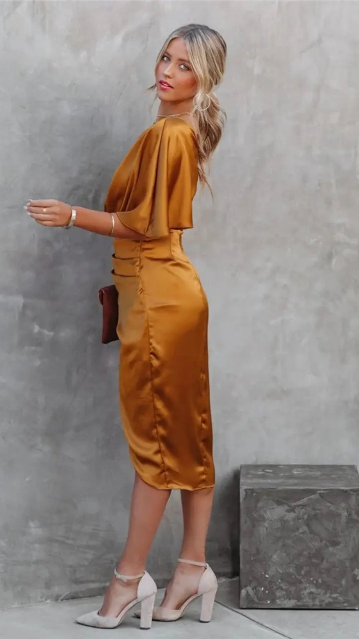 Women's One Shoulder Midi Dress | Draped Asymmetric Cocktail Party Dress