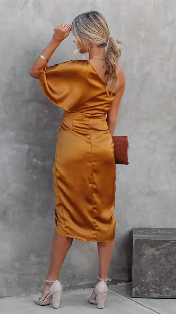Women's One Shoulder Midi Dress | Draped Asymmetric Cocktail Party Dress
