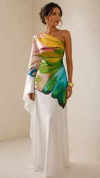 Women's One Shoulder Multicolour Printed Draped Sleeve Maxi Dress