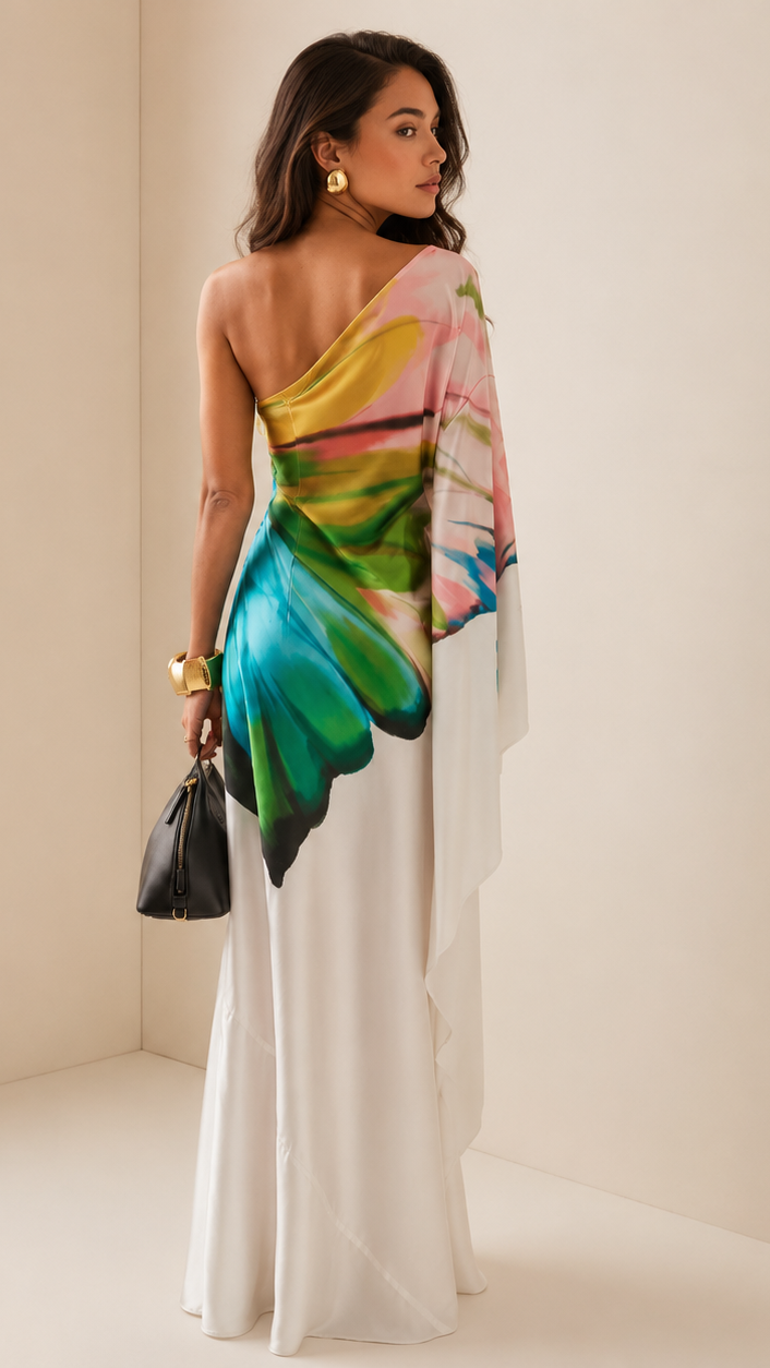 Women's One Shoulder Multicolour Printed Draped Sleeve Maxi Dress