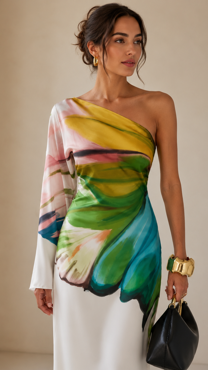 Women's One Shoulder Multicolour Printed Draped Sleeve Maxi Dress