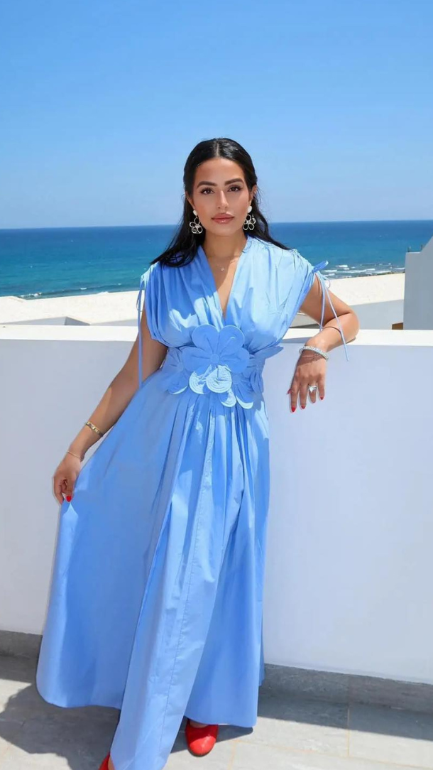 Women's Pleated Maxi Dress | Floral Applique Wedding Guest Dress