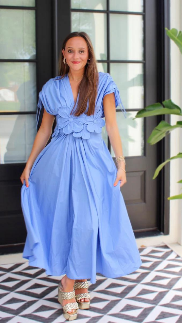 Women's Pleated Maxi Dress | Floral Applique Wedding Guest Dress