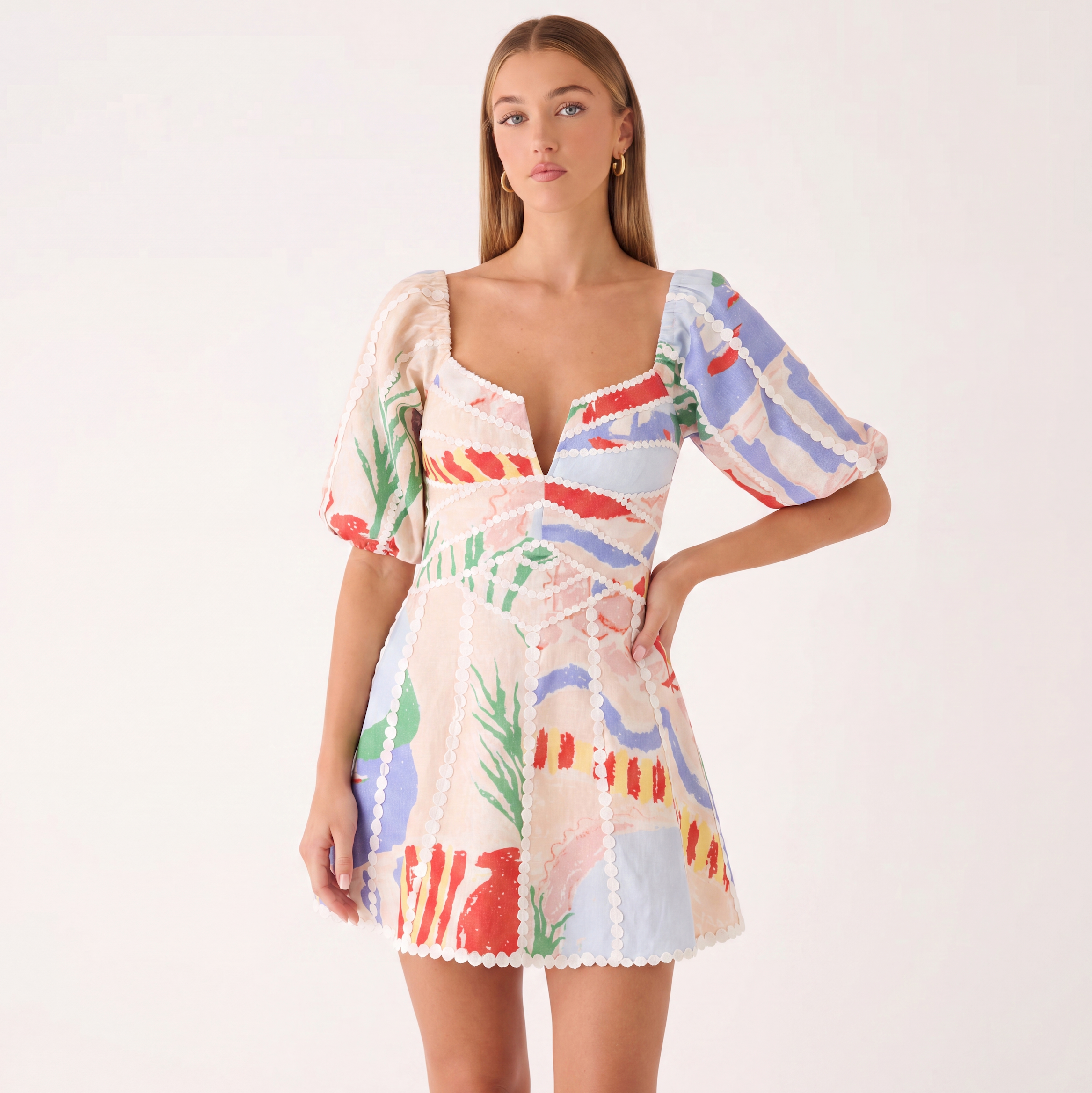 Women's Printed Mini Dress | Off Shoulder Puff Sleeve Cocktail Dress