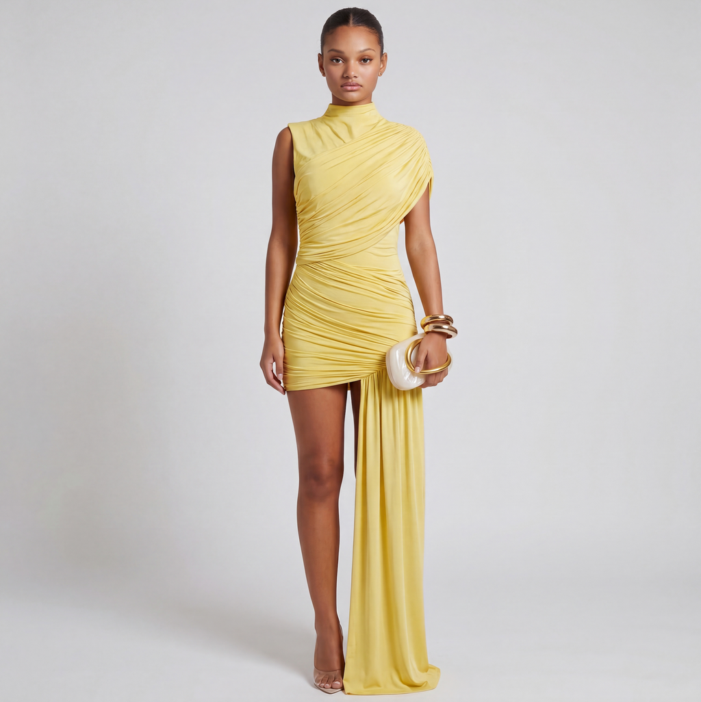 Women's Ruched Asymmetric Mini Dress | Draped Bodycon Cocktail Dress