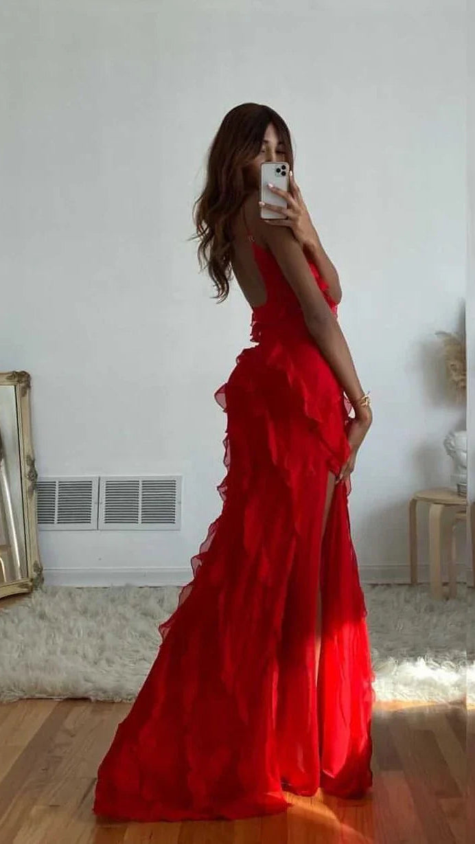 Women's Ruffle Backless Spaghetti Strap V Neck Maxi Dress