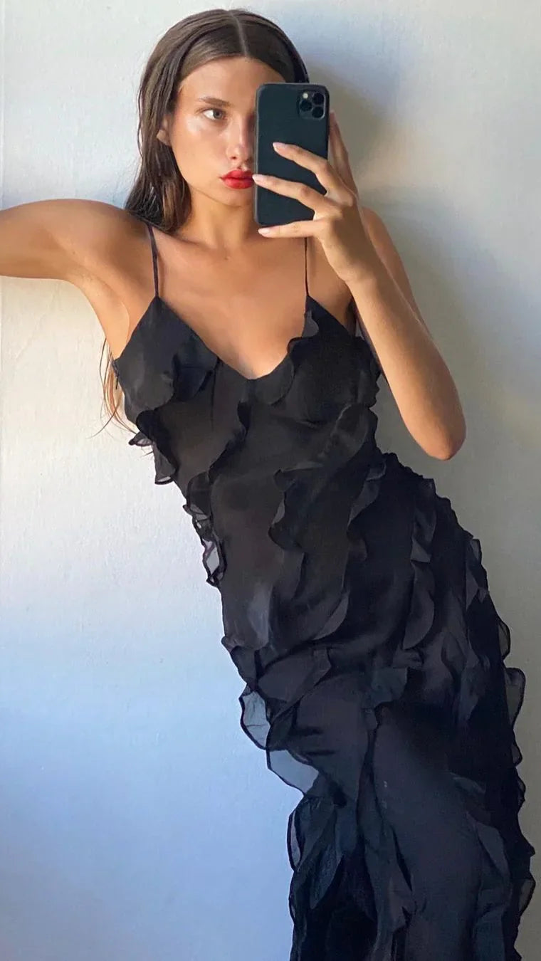 Women's Ruffle Backless Spaghetti Strap V Neck Maxi Dress