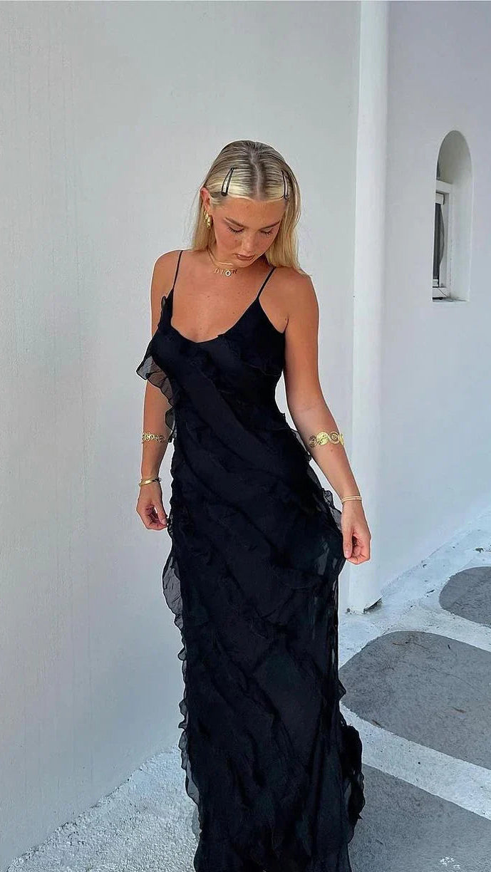 Women's Ruffle Backless Spaghetti Strap V Neck Maxi Dress