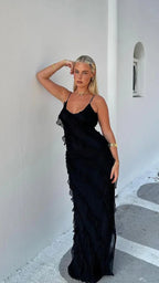 Women's Ruffle Backless Spaghetti Strap V Neck Maxi Dress